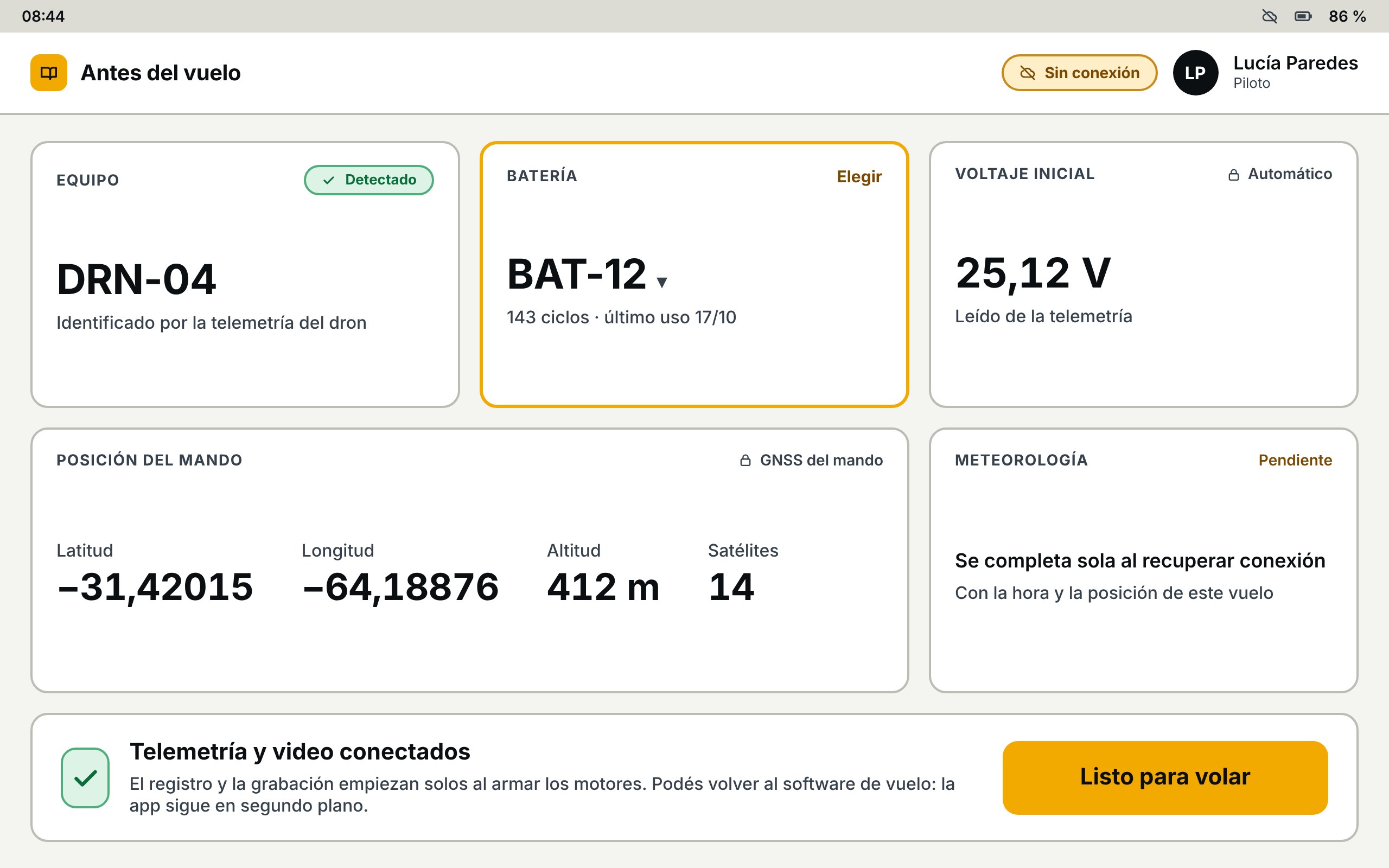 App libro de vuelo — pre-vuelo en el mando