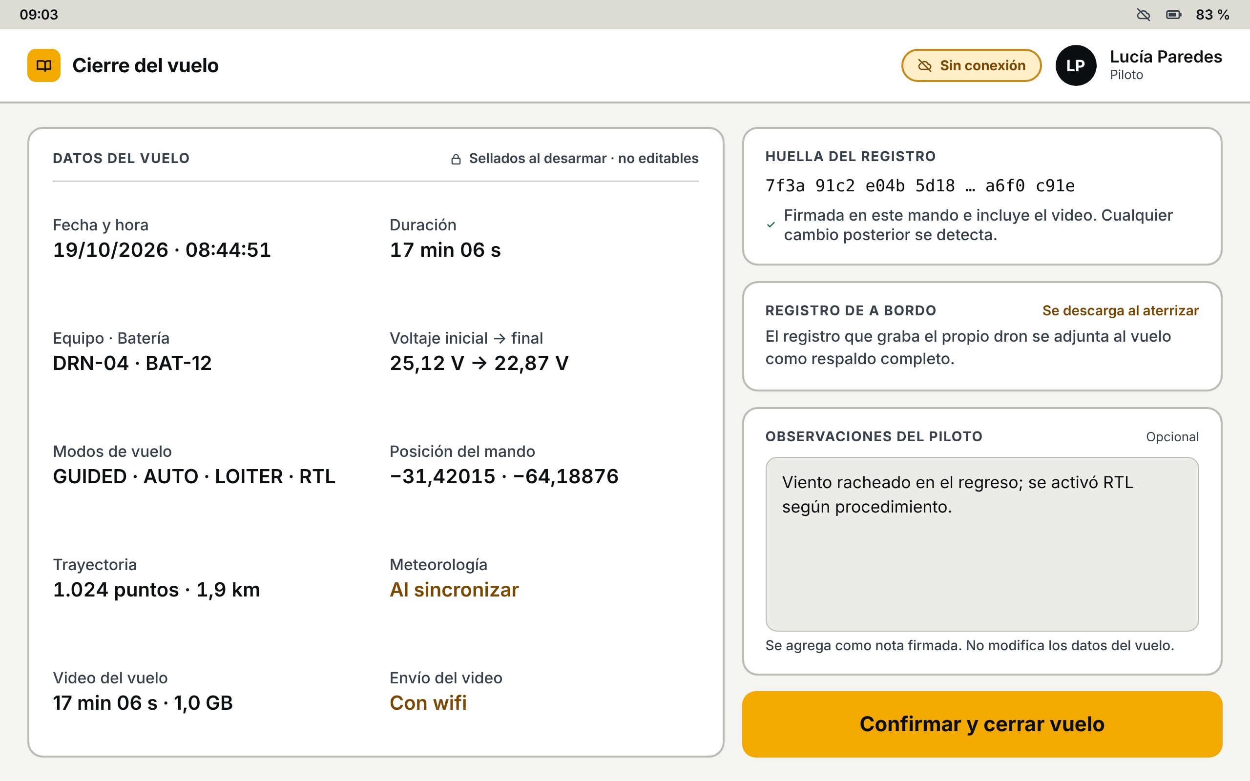 Cierre del vuelo — App libro de vuelo